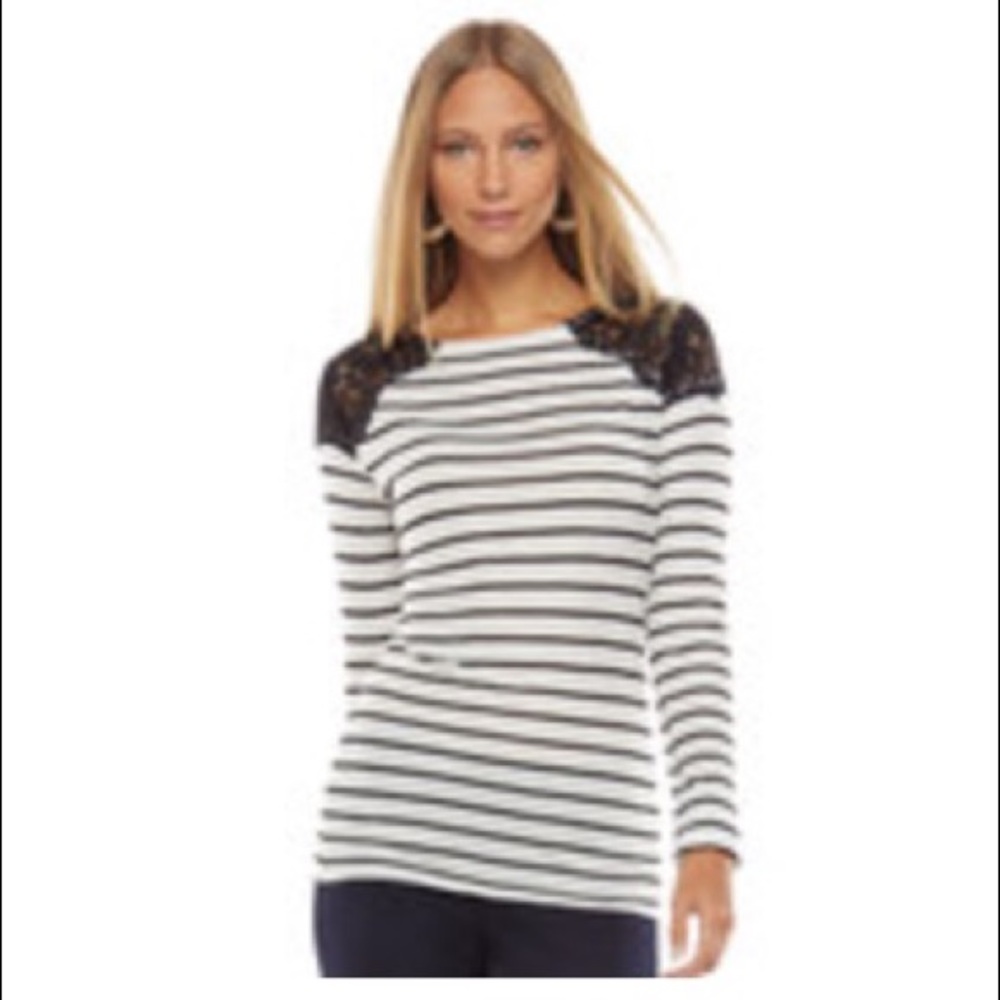 Apt 9. Lace Shoulder Long Sleeve Striped Top